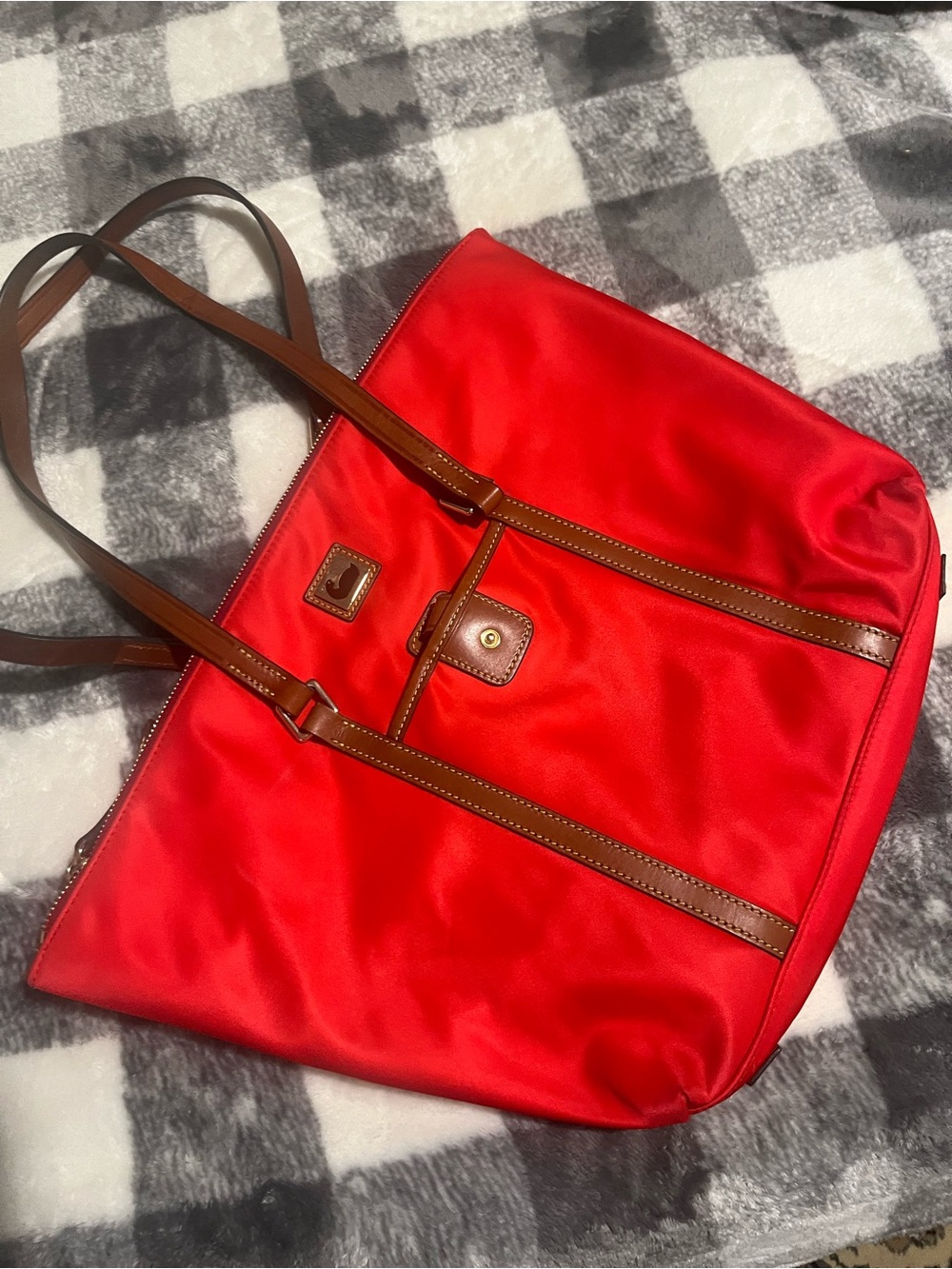 Dooney & Bourke Red Tote with Brown Trim